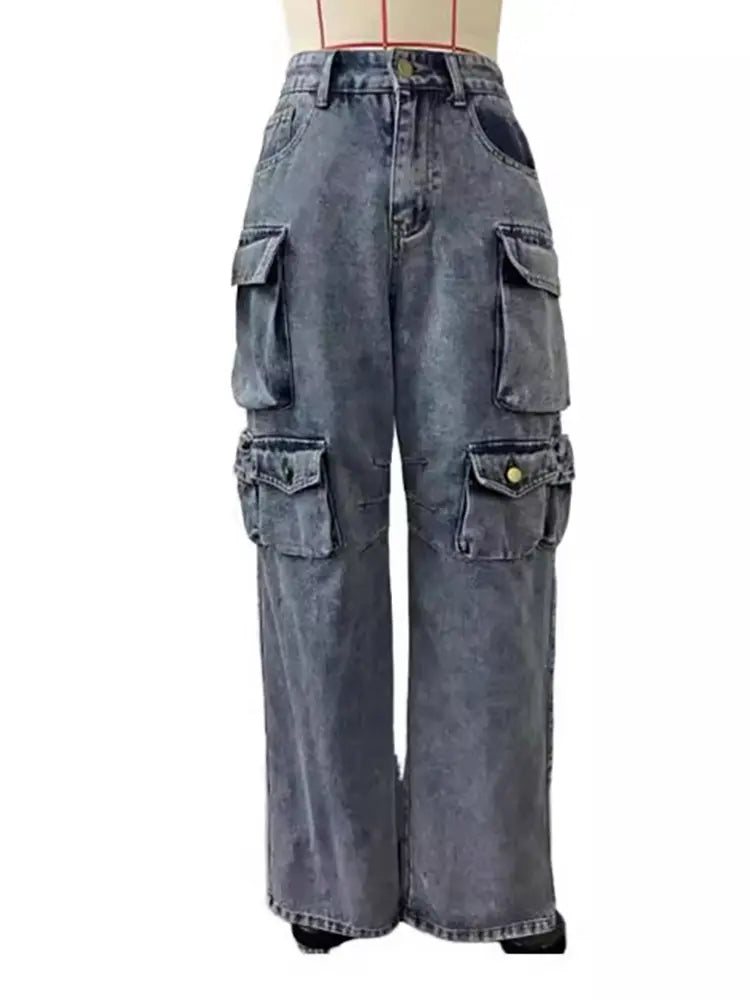 High-Waisted Cargo Jeans Trousers-Massicos