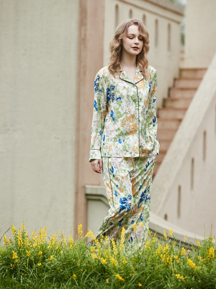 Morning Glory  and Lily Pattern Cardigan Long Sleeve Pajama Set-Massicos