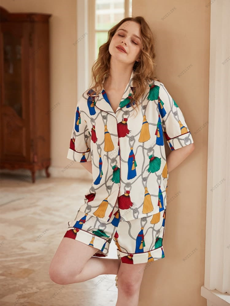 Fringe Pattern Ice Silk Short-Sleeve Loungewear Set-Massicos