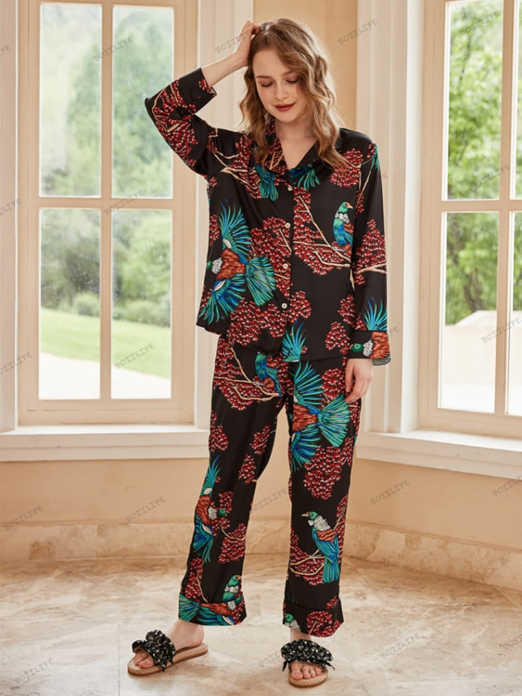 Bird of Paradise Pattern Ice Silk Long Sleeve Pajama Set-Massicos