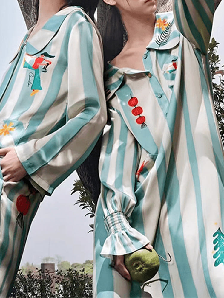 Homewear - Printed Ice Silk Long Sleeve Pajama Set-Massicos