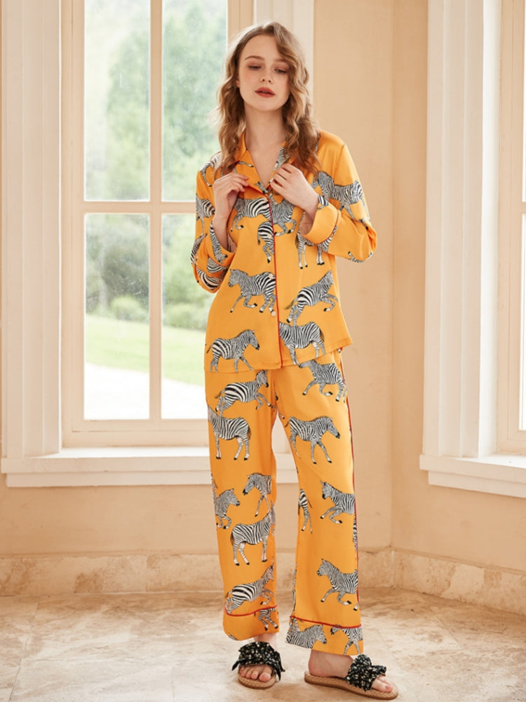 Zebra Print Long Sleeve Loungewear Set - Yellow-Massicos