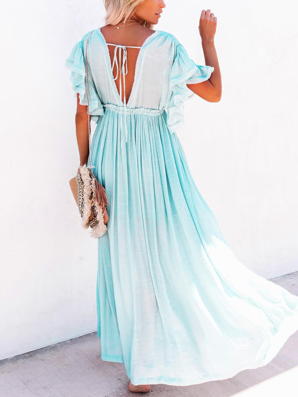 Button Cotton Linen Perfect Beach Boho Maxi Dress-Massicos