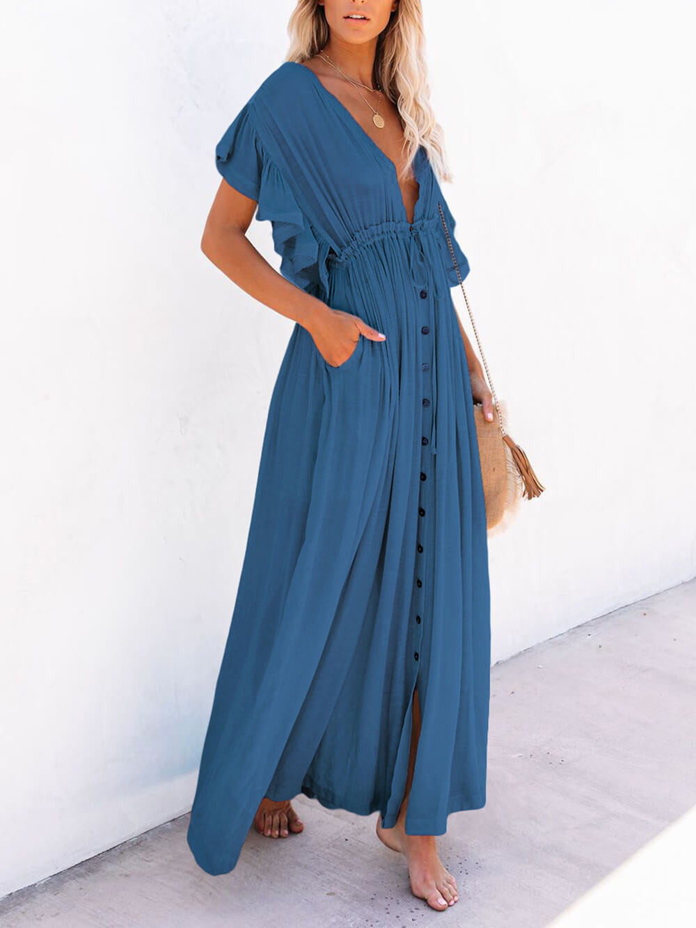 Button Cotton Linen Perfect Beach Boho Maxi Dress-Massicos
