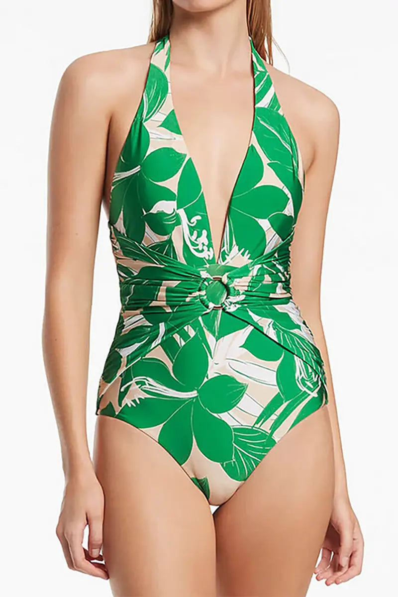 Green Halter Deep V One-Piece Swimsuit Set-ROVOLE