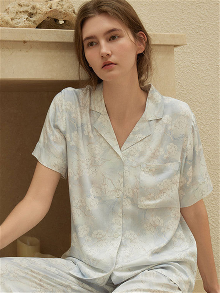 Satin Blossom Floral Print Pajama Set-Massicos