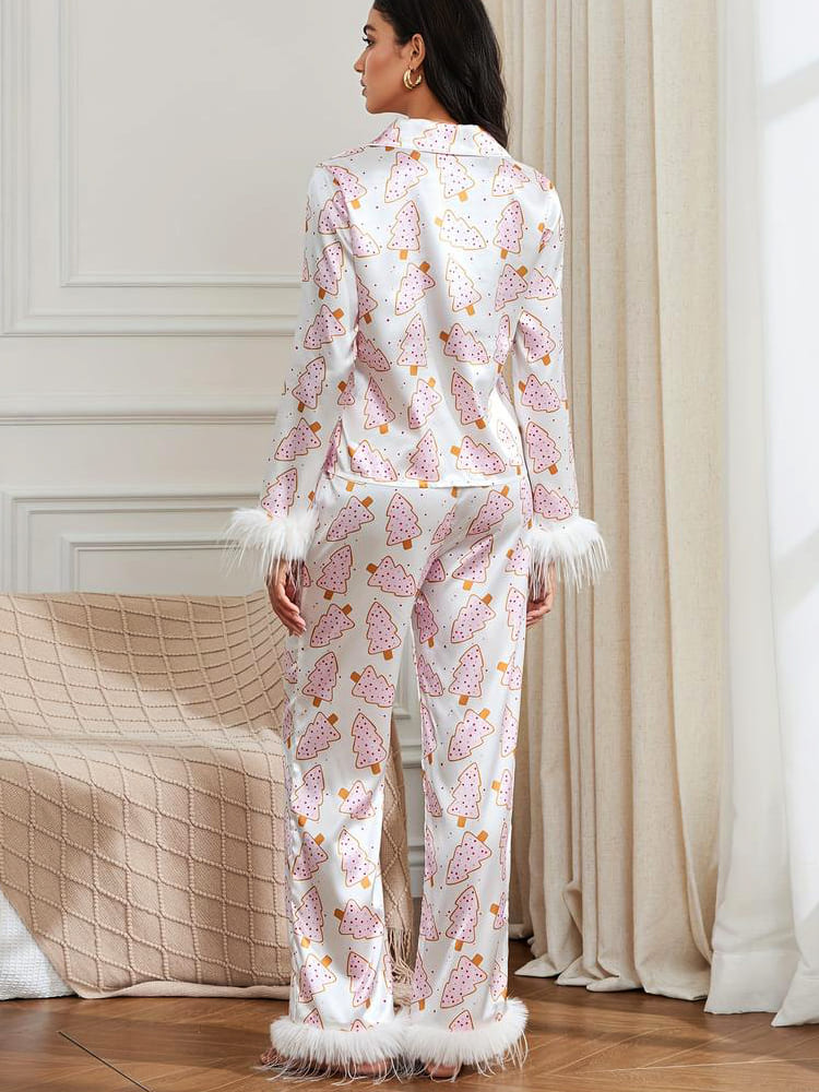 Christmas Tree Print Satin Pajama Set-Massicos