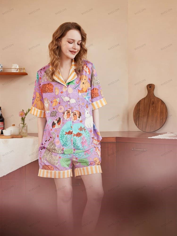 Guinea Pig and Fish Print Ice Silk Short-Sleeve Loungewear Set-Massicos
