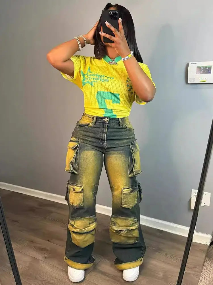 Trendy High-Waisted Cargo Jeans-Massicos