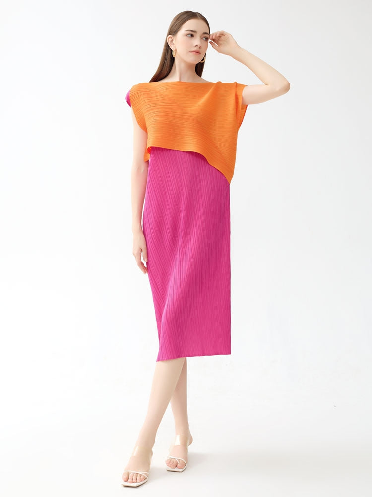 Round Neck Pleated Color Block Midi Dress-Massicos
