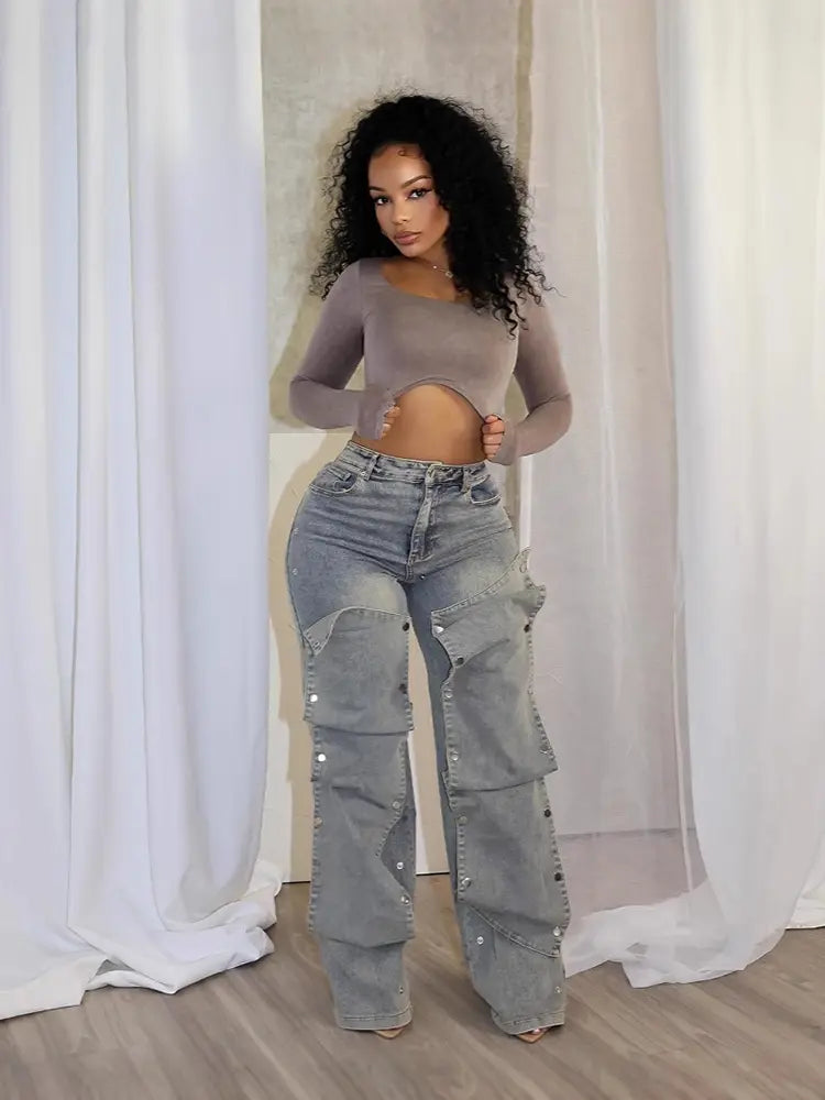 Detachable High-Waist Denim Pants-Massicos