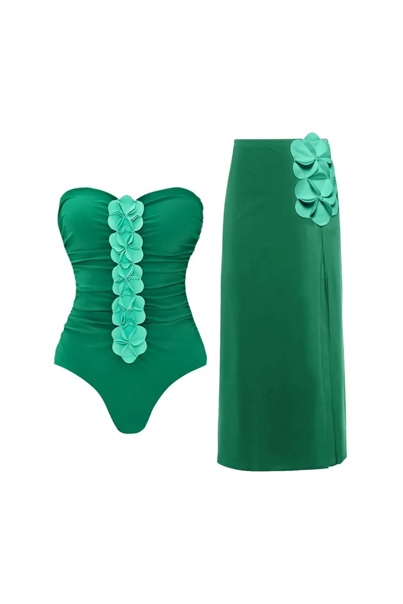 Green 3D Floral Strapless Swimsuit-ROVOLE