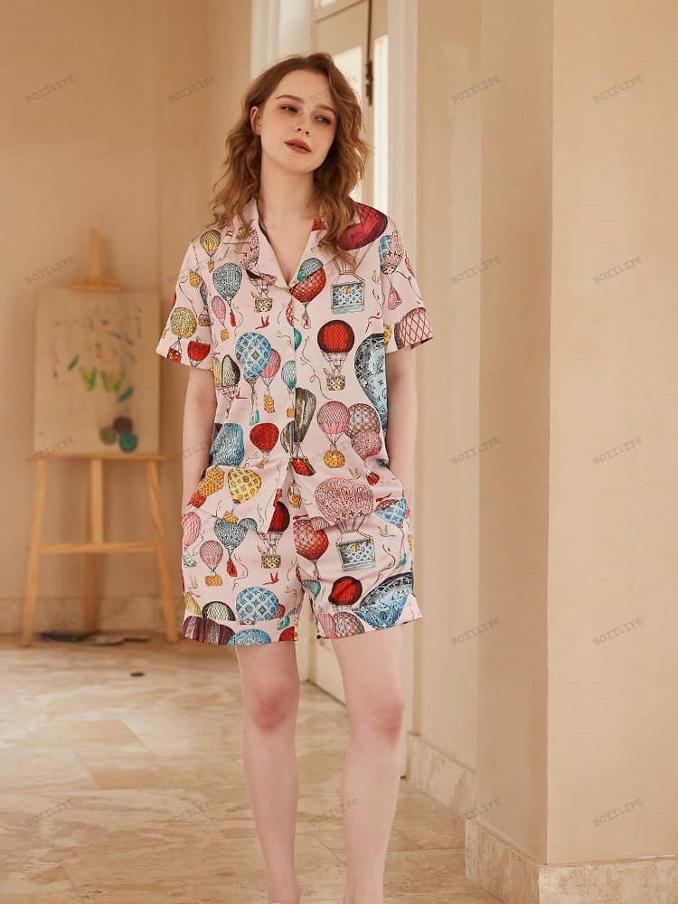 Hot Air Balloon Print Ice Silk Open-Front Short-Sleeve Pajama Set-Massicos