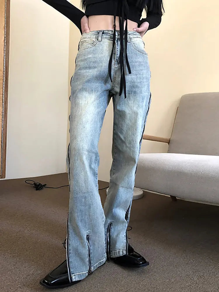 Streetwear Flare Zipper Jeans-Massicos