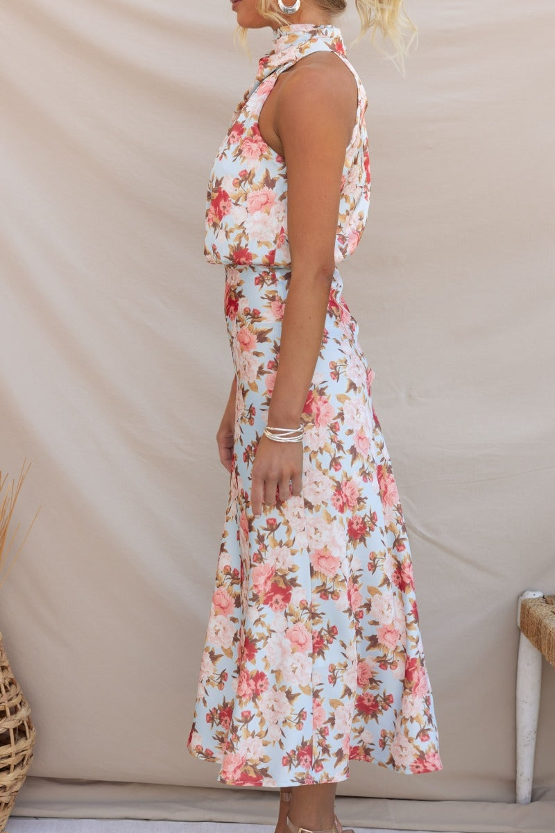 Wine Country Dates Floral Halter Neck Elastic Waist Maxi Dress-Massicos