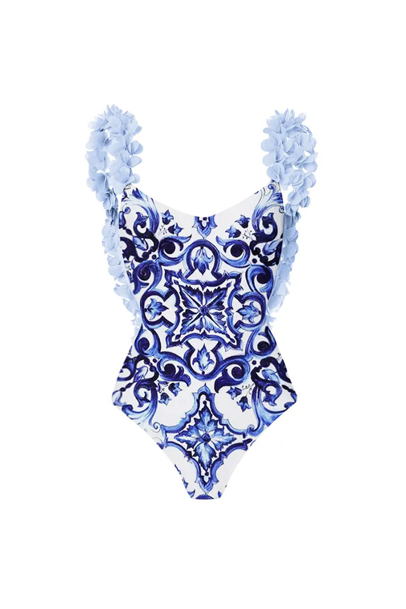 Blue One-Piece Bikini with Handmade Appliqué-ROVOLE