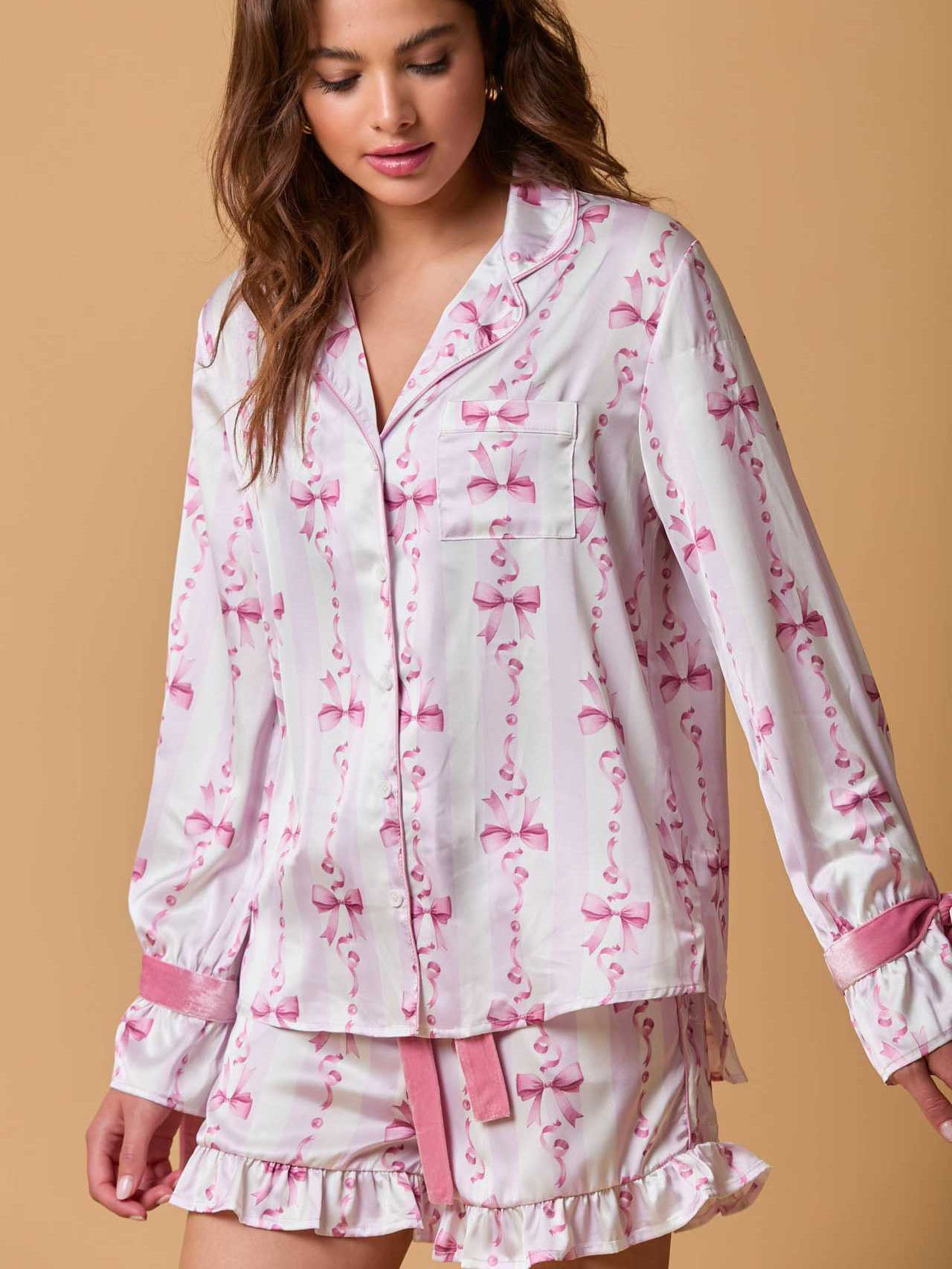 Bow Long Sleeve Button Down Pajama Set-Massicos