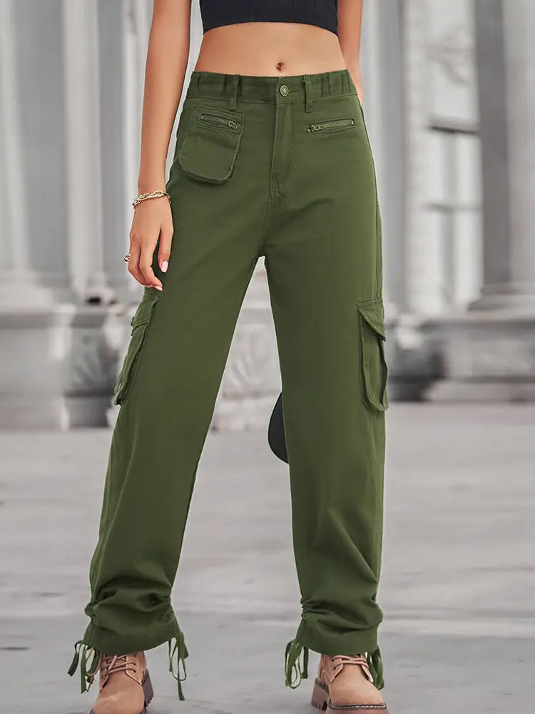 Casual Zipper Pocket Drawstring Denim Cargo Pants-Massicos