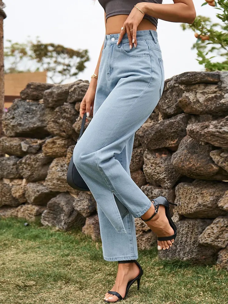 Trendy Split-Hem Washed Denim Pants-Massicos