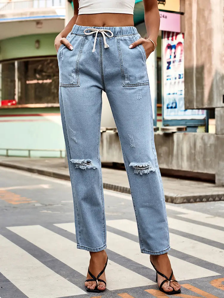Autumn Drawstring Waist Distressed Denim Pants-Massicos