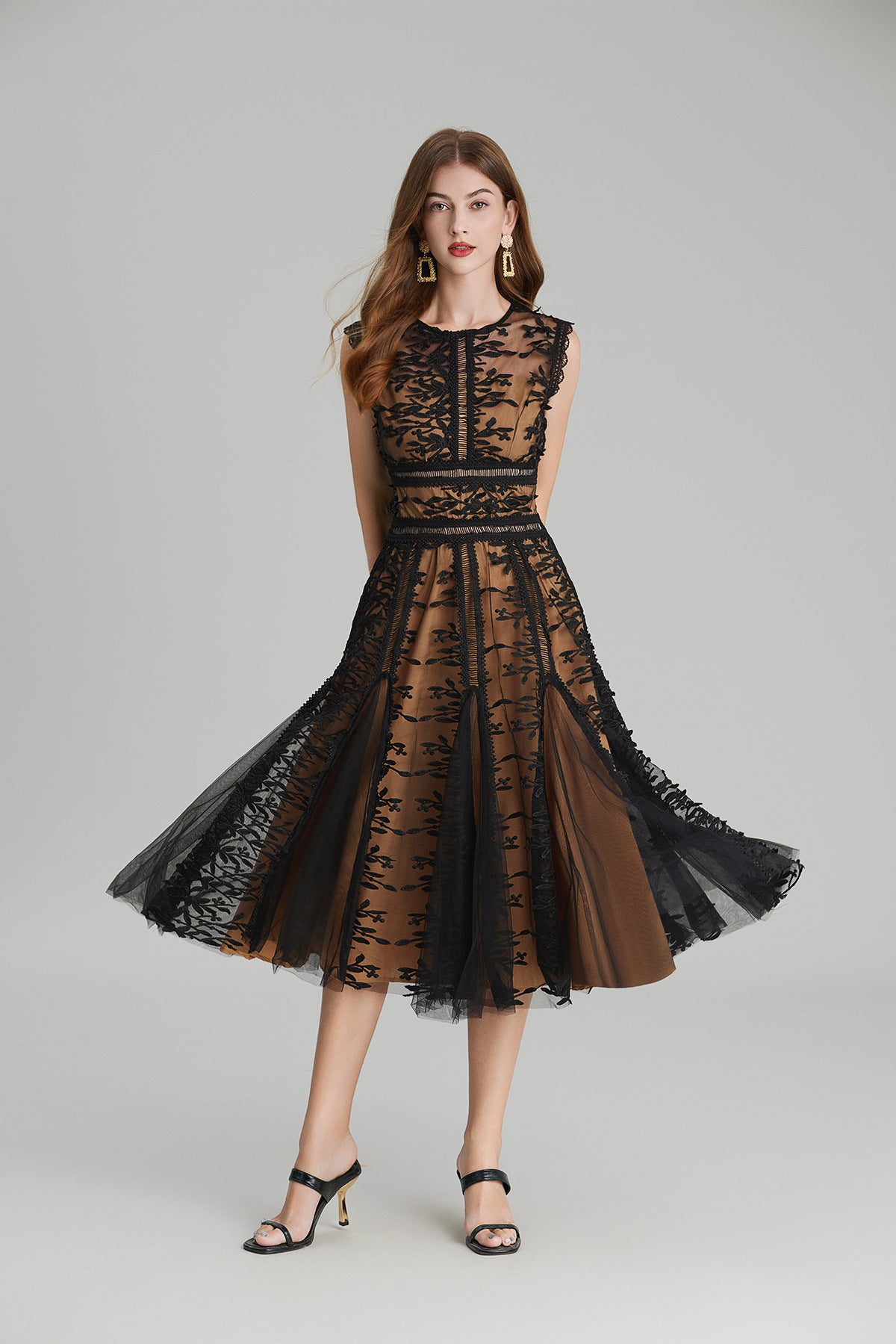 Maëlle Round Neck Mesh Embroidered Midi Dress In Beige-ROVOLE