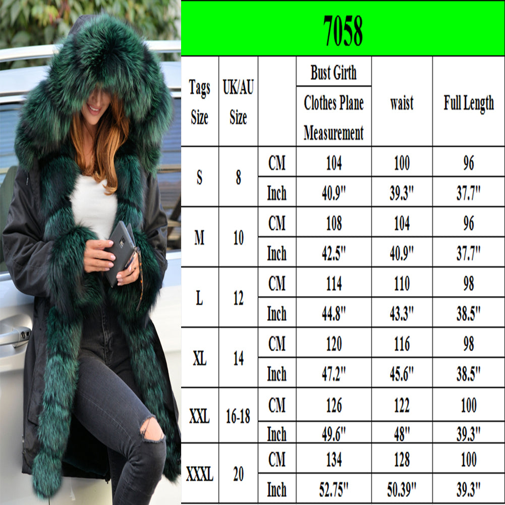 Trafni Winter Women's Parka Jacket Coats Peacock Green Faux Fur Hooded Outwear OverCoat-Massicos