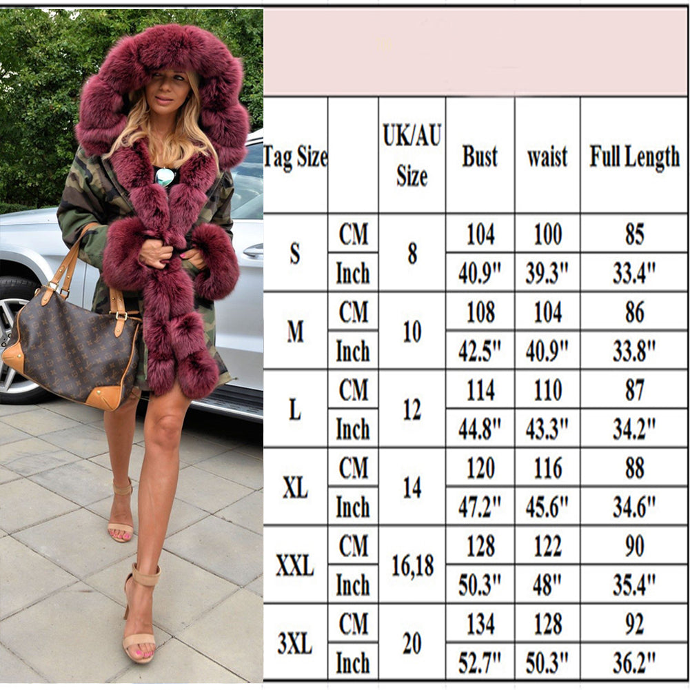 Trafni Women Faux Fur Camouflage Parka Women Hooded Long Winter Jacket Overcoat Plus Size S-3XL-Massicos