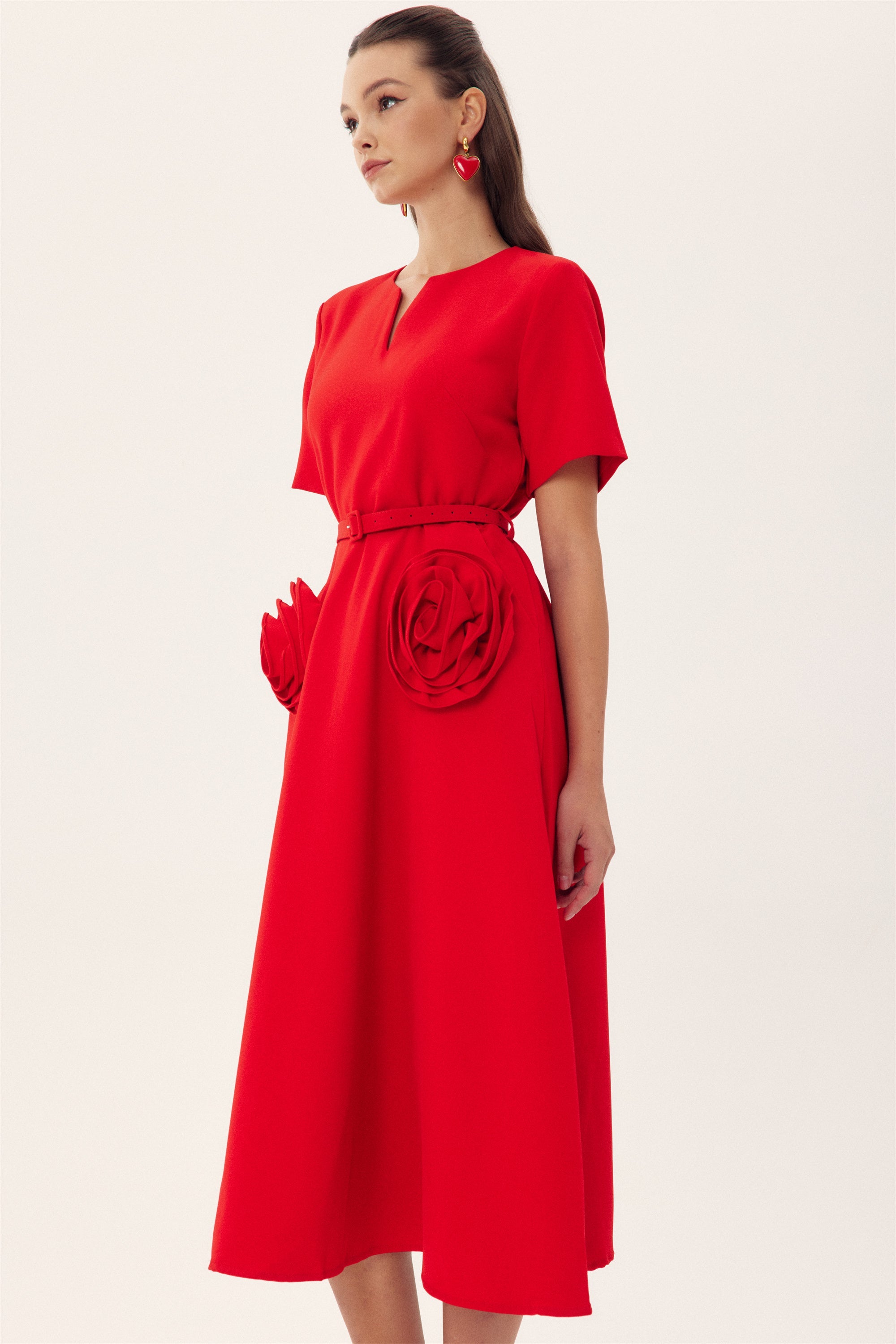 Grace Floral Appliqué Short Sleeve Midi Dress-ROVOLE