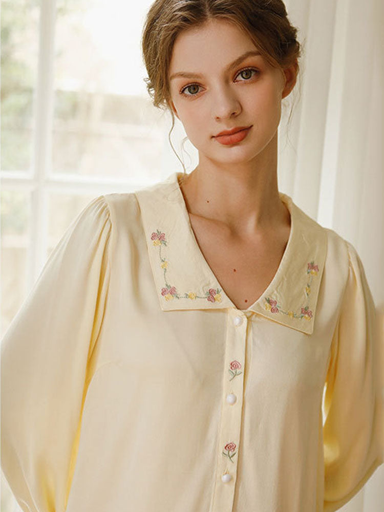 Satin Rose Embroidery Sleepwear Set-Massicos
