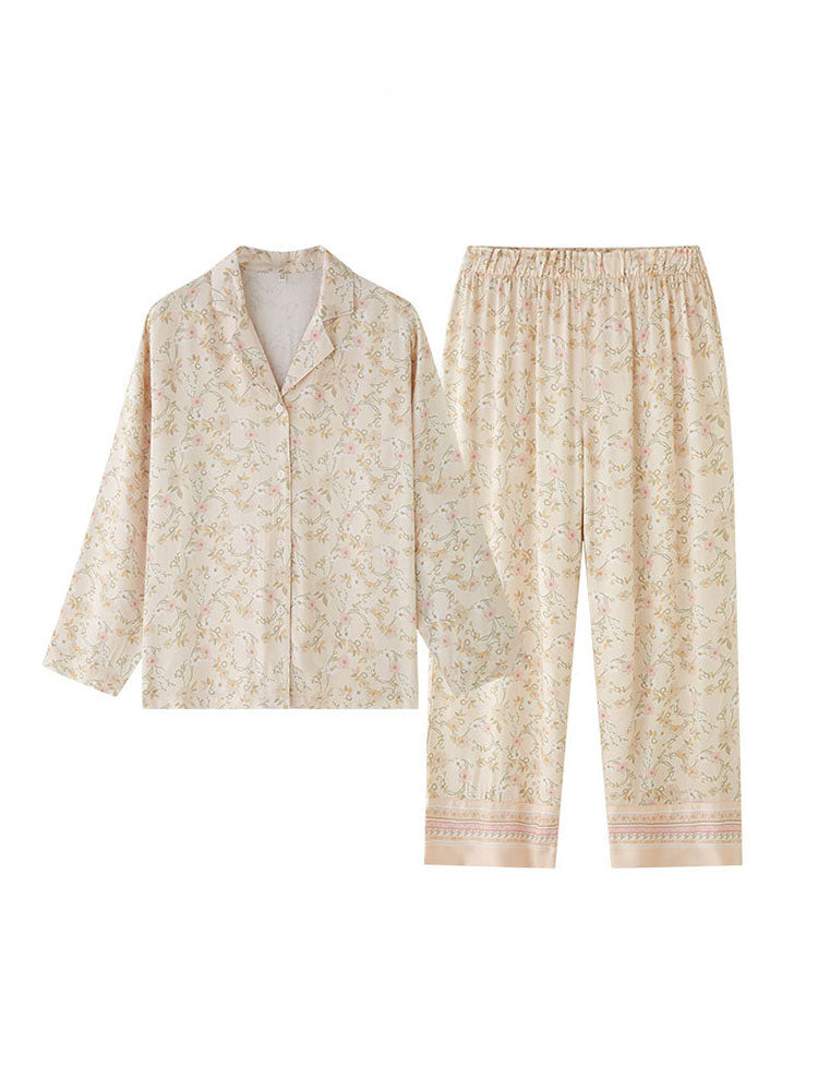 Floral Print Notched Collar Sleepwear Set-Massicos