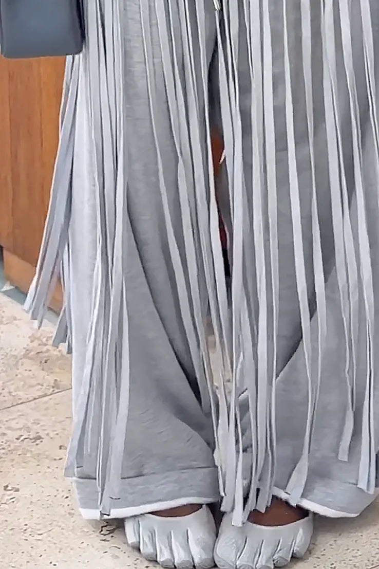 Grey Loose Fringe Pants-ROVOLE