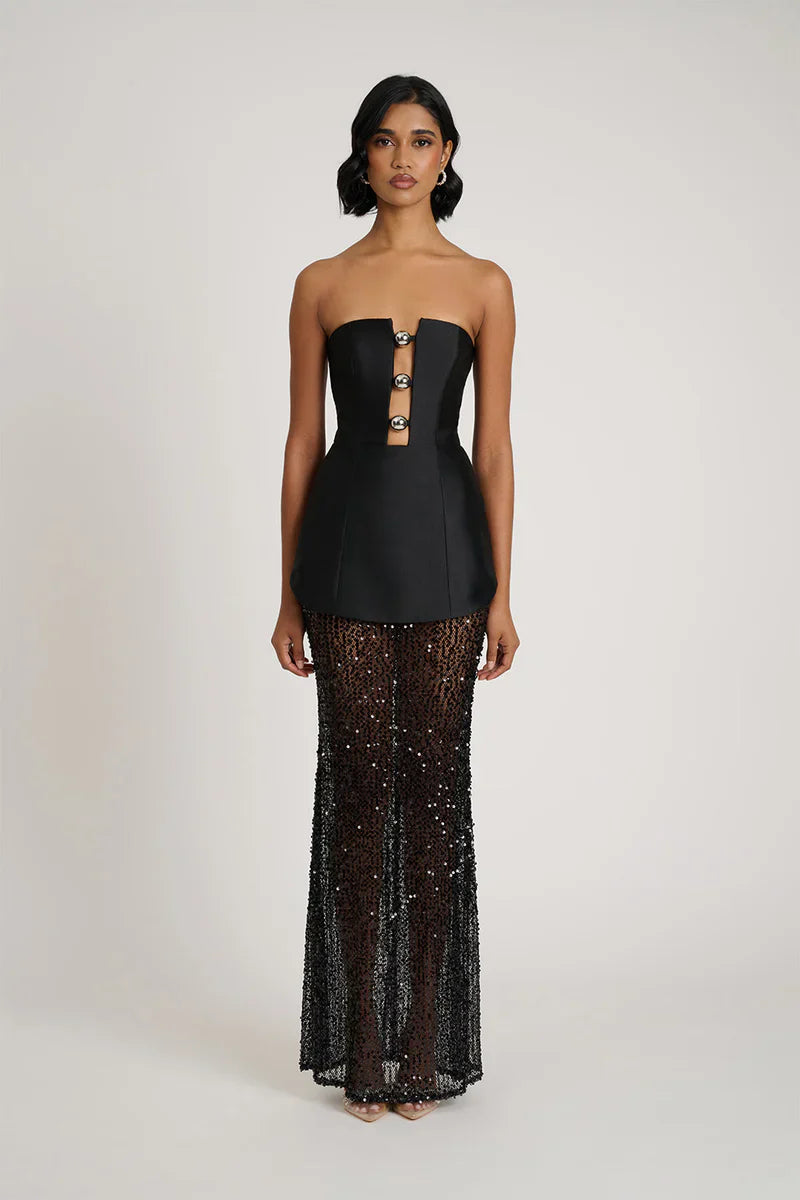 Strapless Peplum Sequined Maxi Dress-Massicos