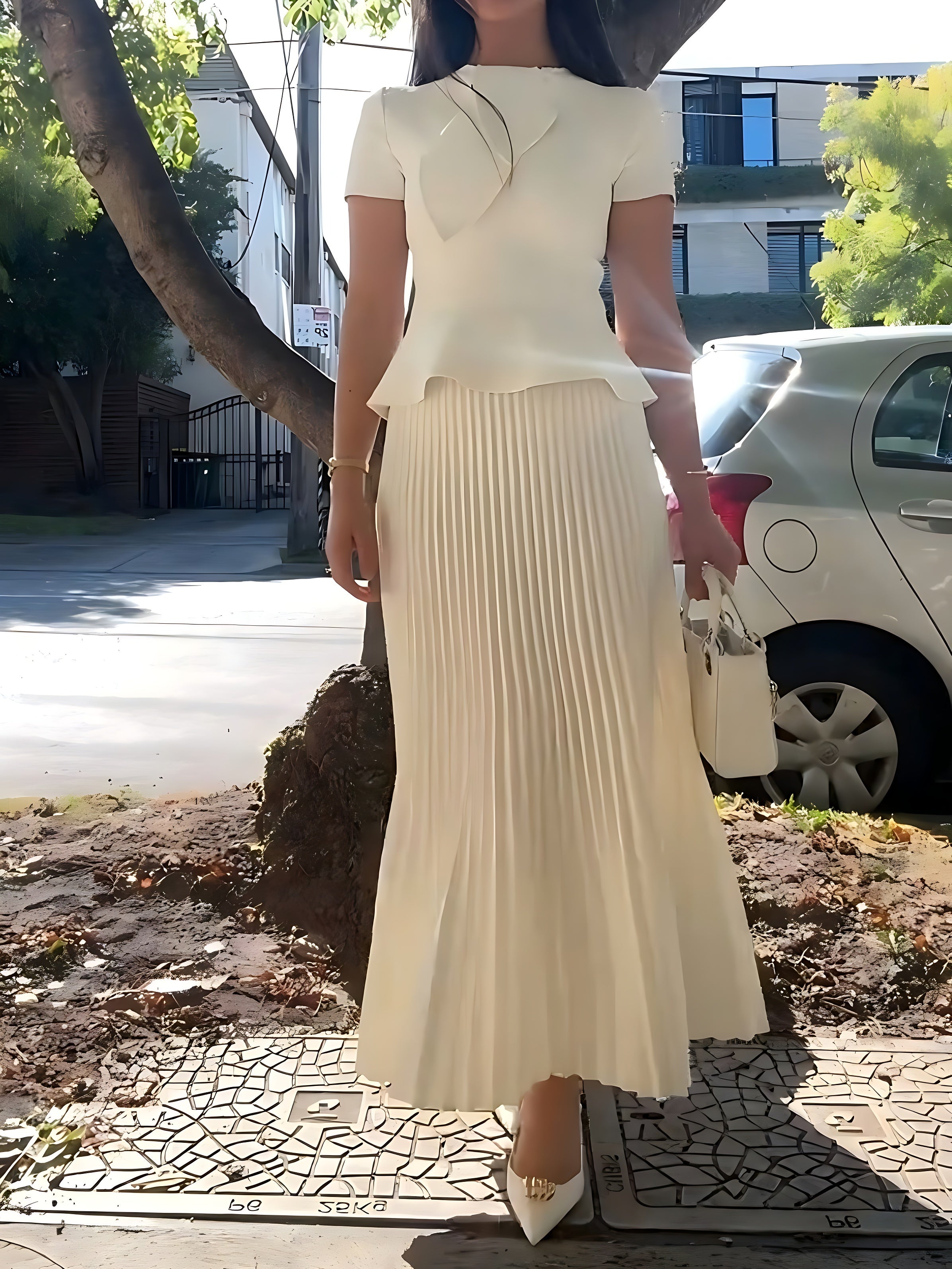 Crepe Knit Cravat Top & Pleated Suiting Maxi Skirt-ROVOLE