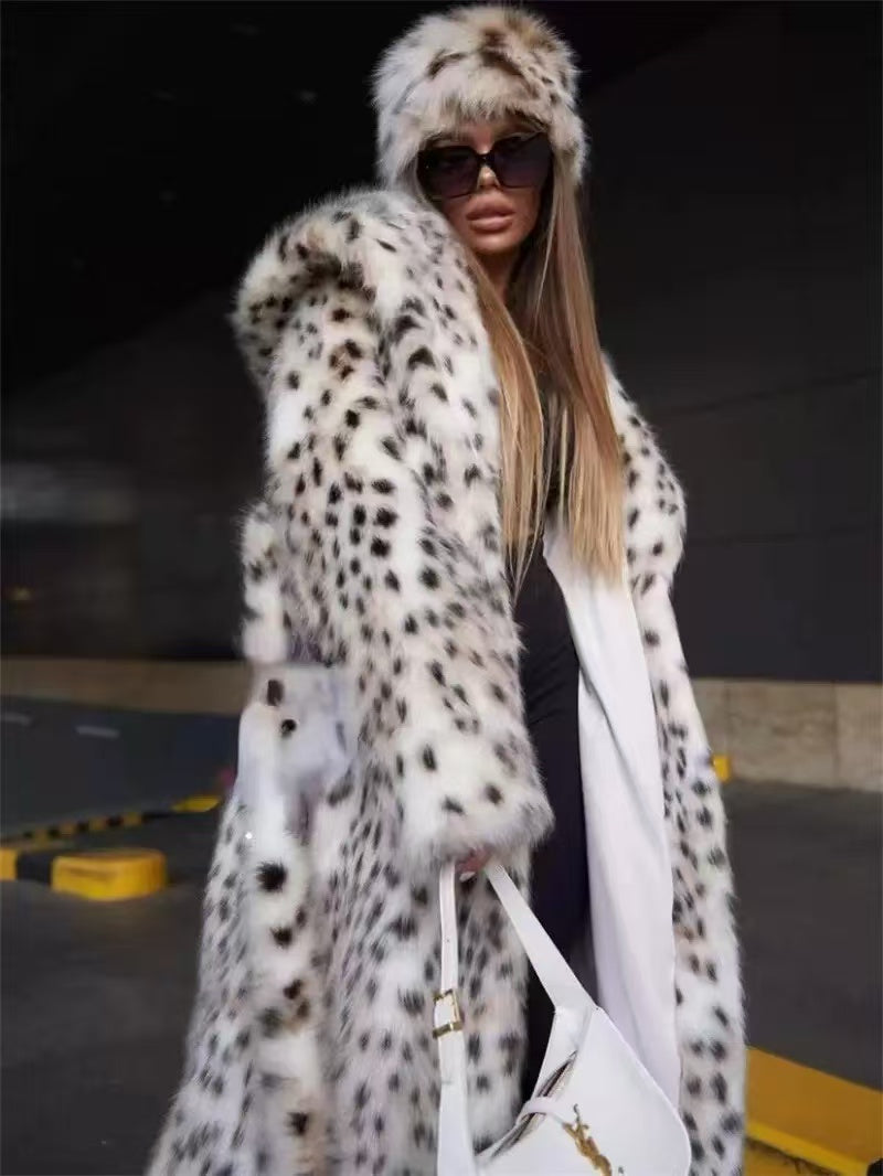 Leopard print faux fur long coat-Massicos