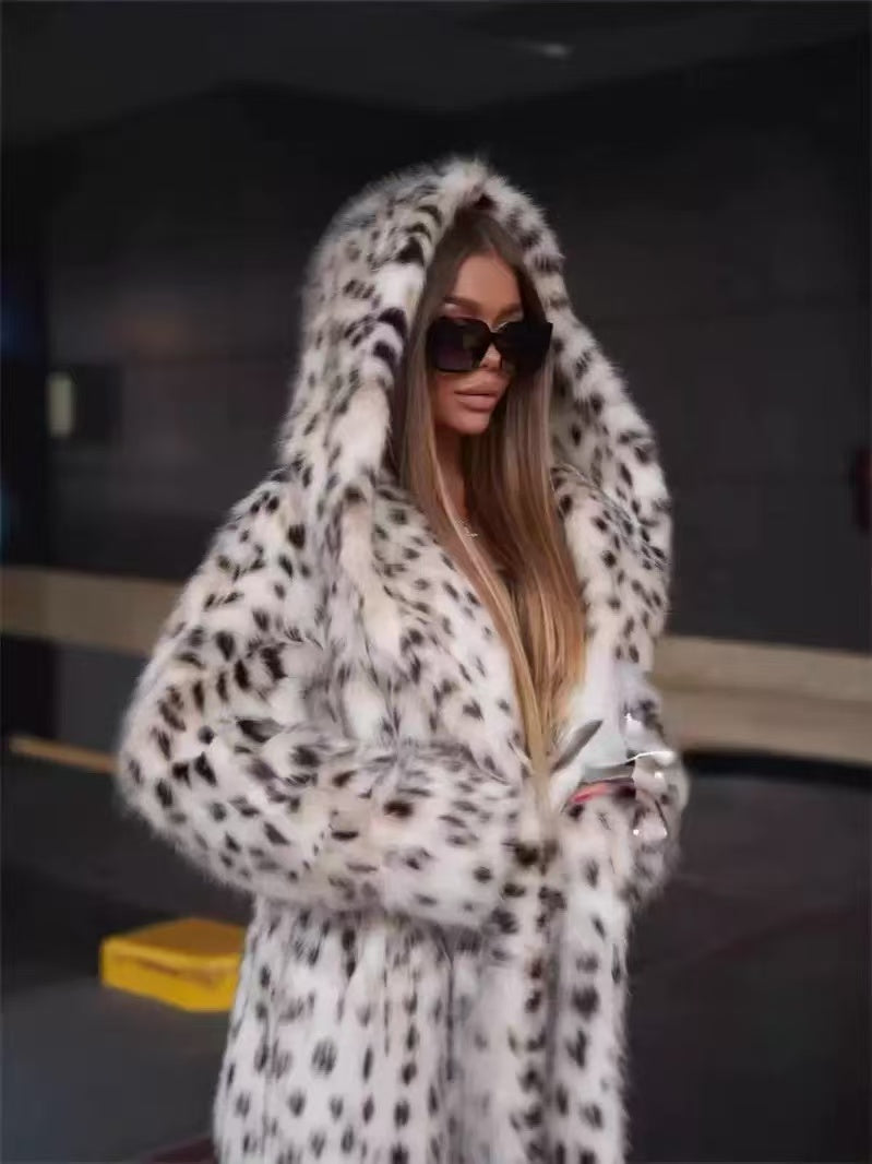 Leopard print faux fur long coat-Massicos