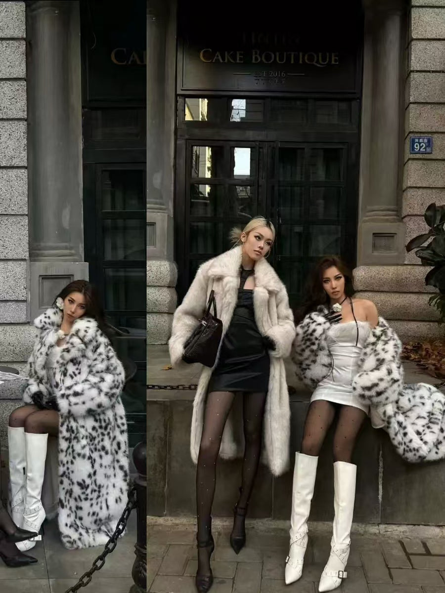 Leopard print faux fur long coat-Massicos
