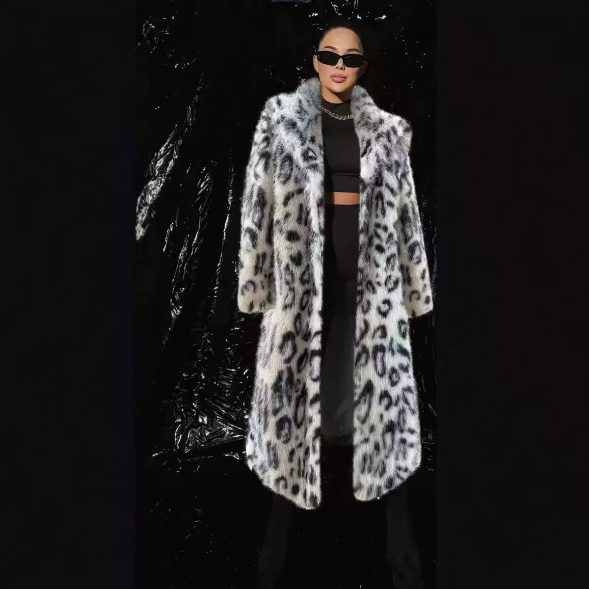 Leopard print faux fur long coat-Massicos