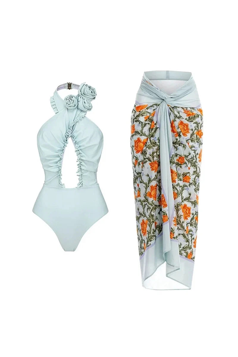 Halter Backless Swimsuit with 3D Floral Set-ROVOLE