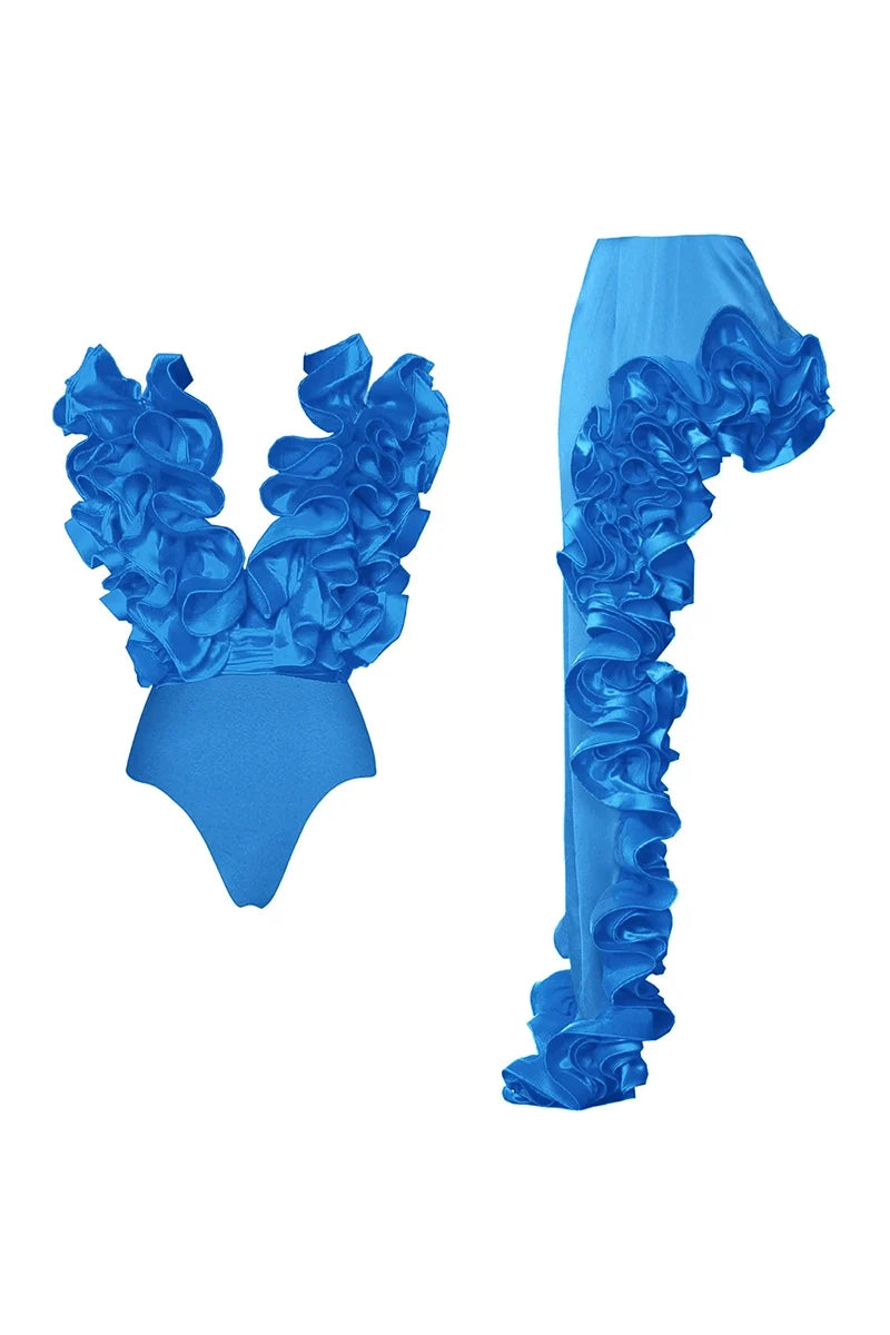 Lace V-Neck Blue Swimsuit-ROVOLE