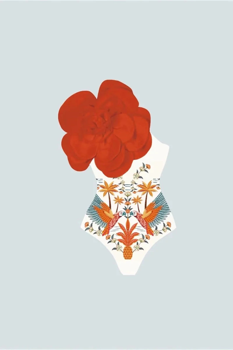 Floral Print One-Piece with 3D Flower Detail-ROVOLE