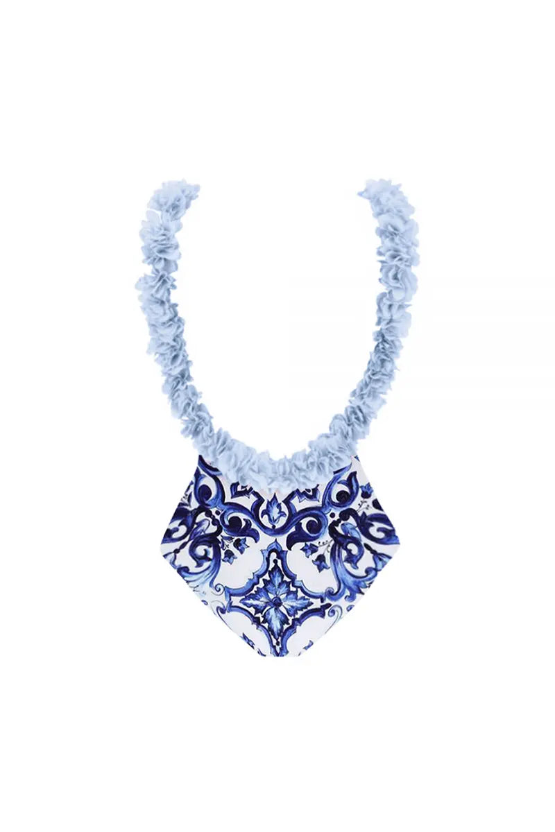 Blue One-Piece Bikini with Handmade Appliqué-ROVOLE