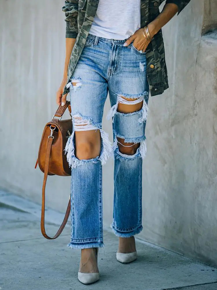 Ripped Distressed Beggar-Style Denim Pants-Massicos