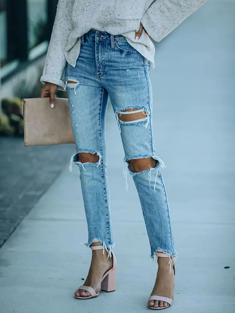 Street Style Ripped Slim-Fit Ankle-Length Jeans-Massicos