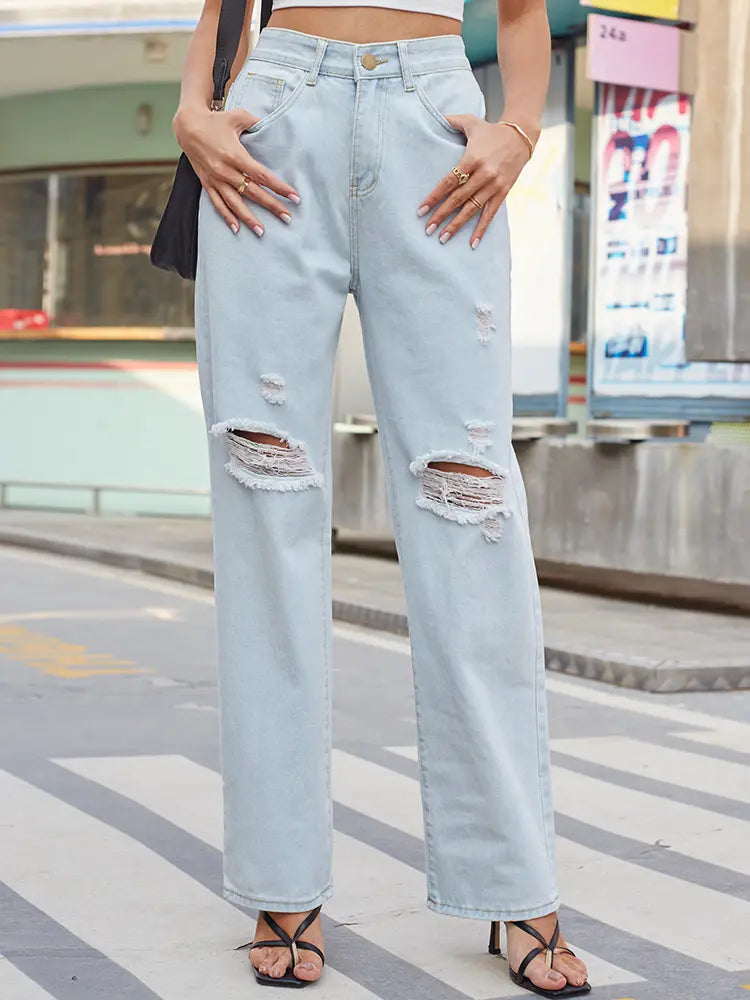 Light Wash Vintage Distressed Denim Pants-Massicos