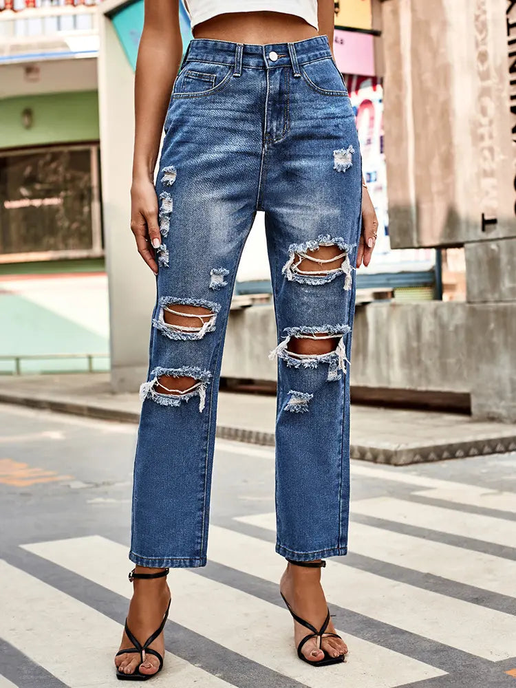 Versatile Washed Ripped Straight-Leg Cropped Jeans-Massicos