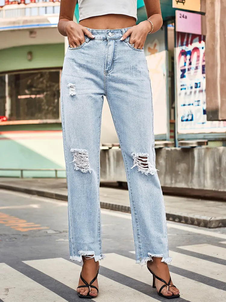 Trendy Ripped Denim Pants for Women-Massicos
