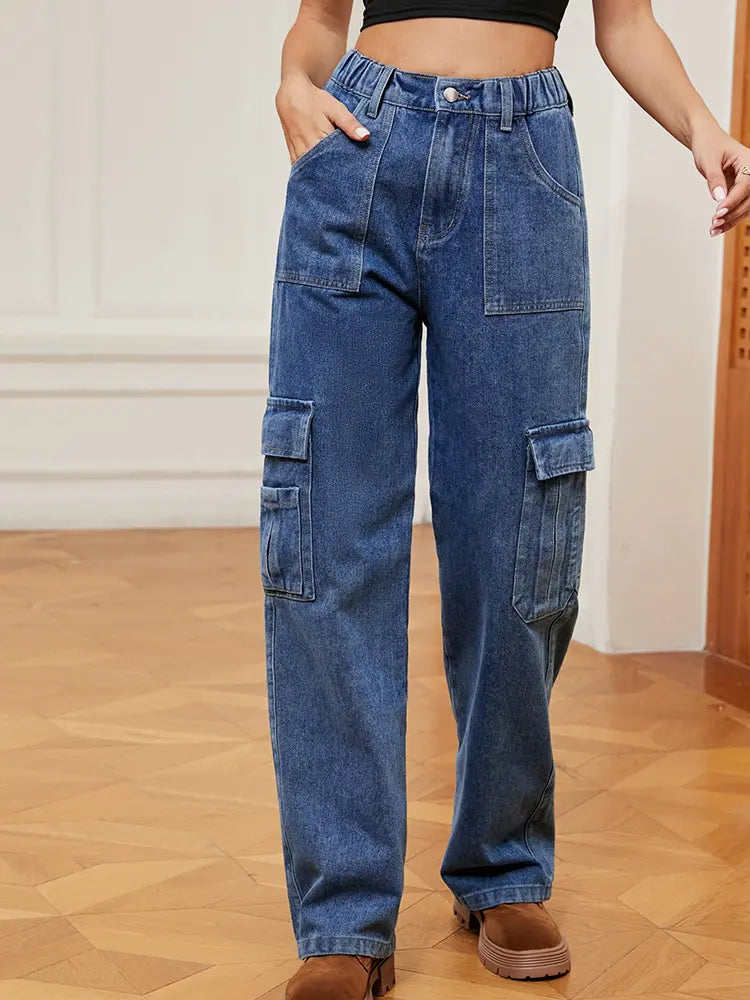 American Style Elastic-Waist Denim Cargo Pants-Massicos