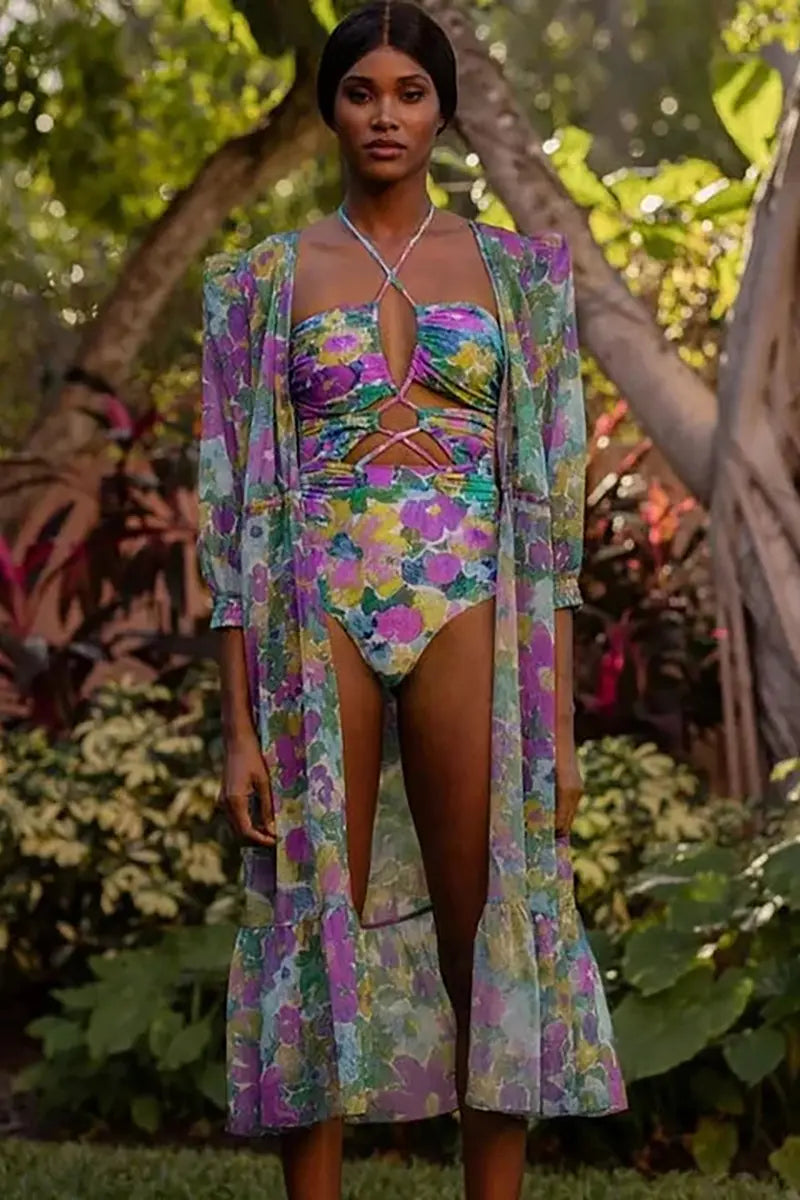 Cutout One Piece Swimsuit Set with Cover Up-ROVOLE