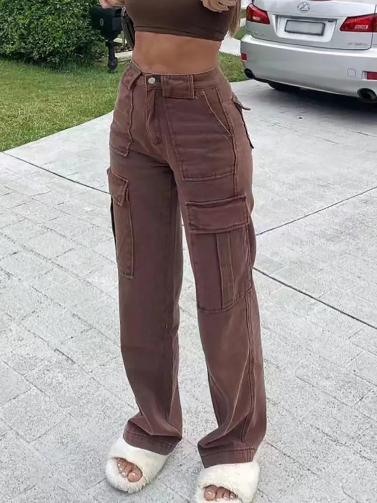Versatile Multi-Pocket Loose-Fit Denim Cargo Pants-Massicos