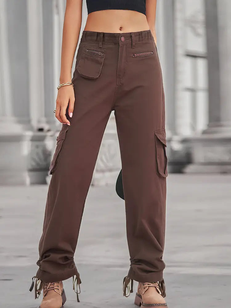 Casual Zipper Pocket Drawstring Denim Cargo Pants-Massicos